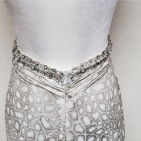 SATIN Snakeskin Silver Sequin Beaded Backless Side Slit Racerback Maxi Dress XS - Picture 15 of 16